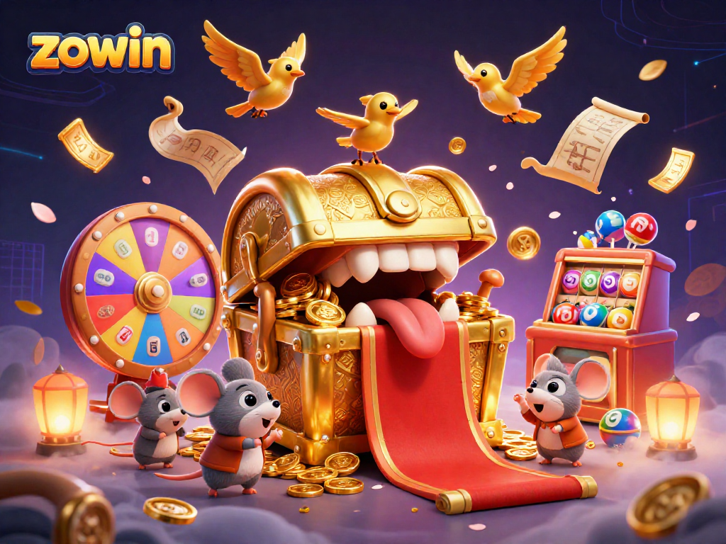 Experience the thrill of winning with Zowin's vibrant jackpot-themed scene featuring a treasure chest and dynamic game elements.
