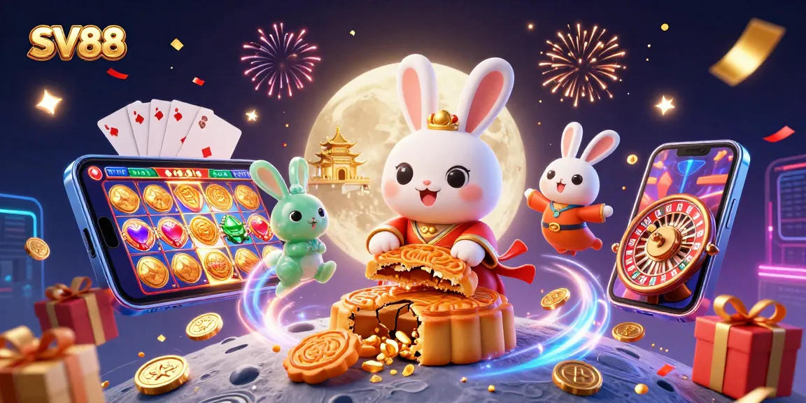 Engage with SV88's thrilling casino games as a moon rabbit celebrates riches in a vibrant 3D illustration.