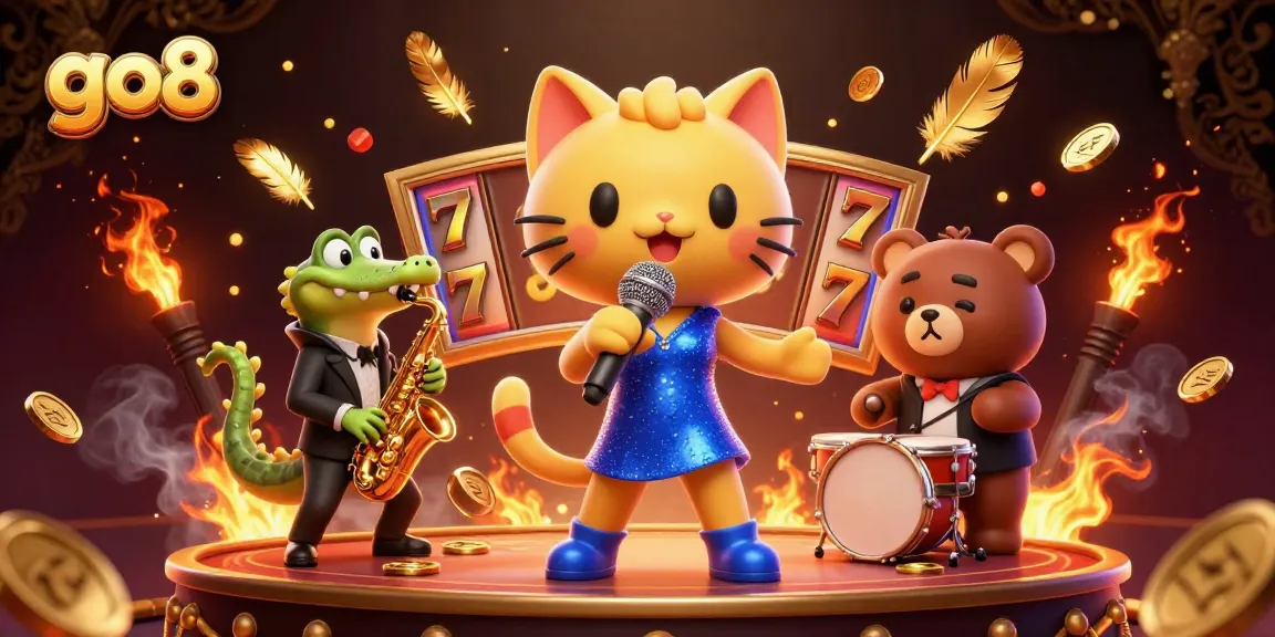 Engage with go8's vibrant casino scene featuring lively characters and dynamic slot elements.