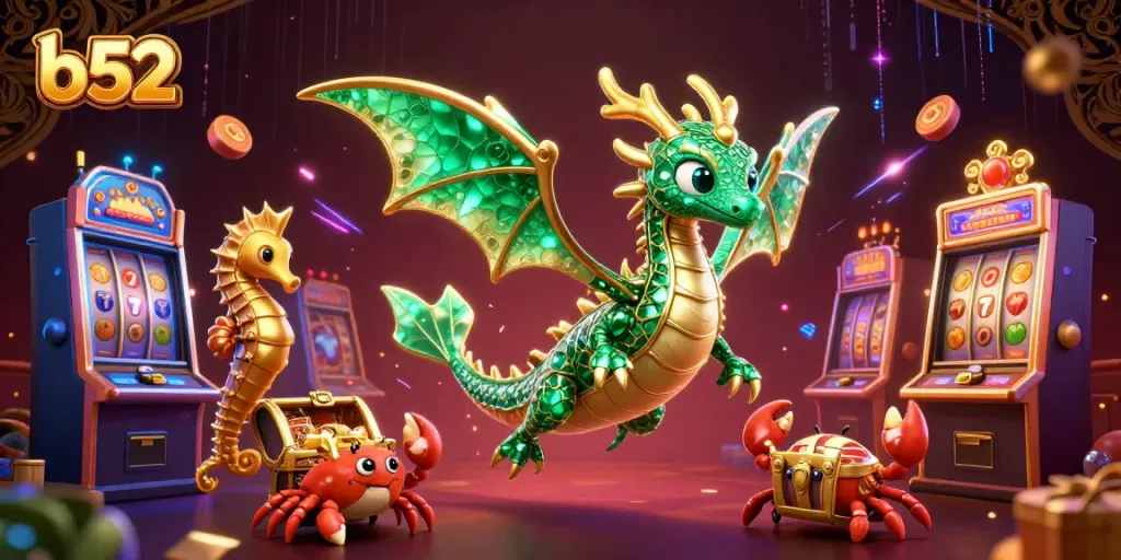 Experience vibrant gaming action with b52's emerald dragon amidst lively slot machines and treasure