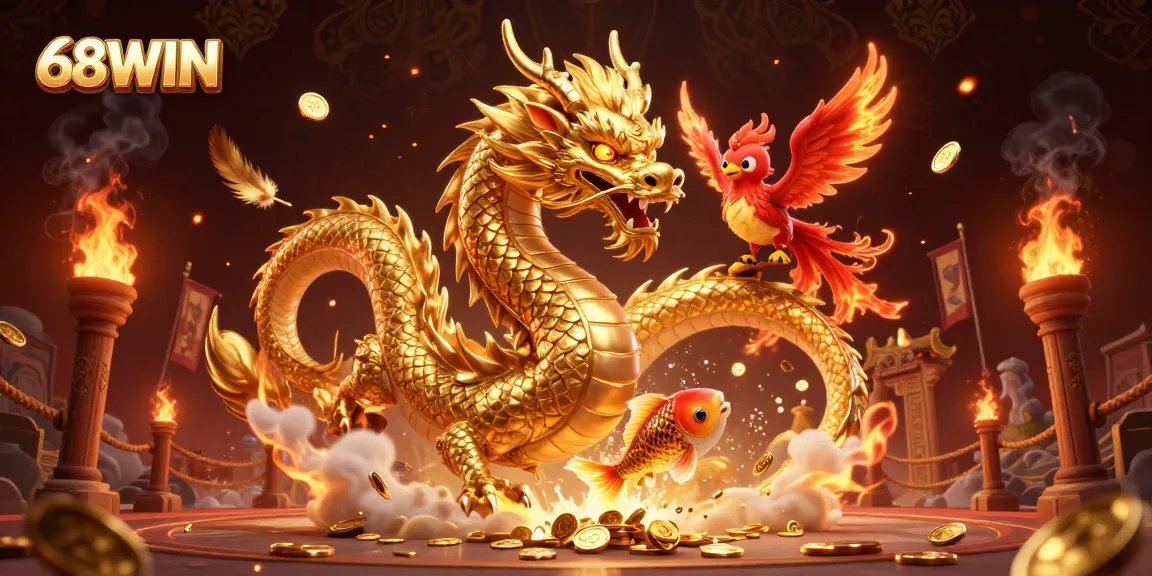 Win exciting jackpots at 68WIN, featuring a fierce dragon, phoenix, and koi fish amidst a dynamic gambling scene.