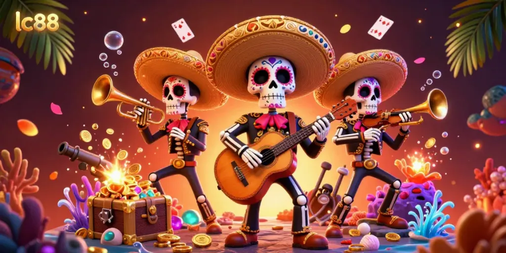 Engage in vibrant lc88 gaming action with colorful casino elements and a lively mariachi band.