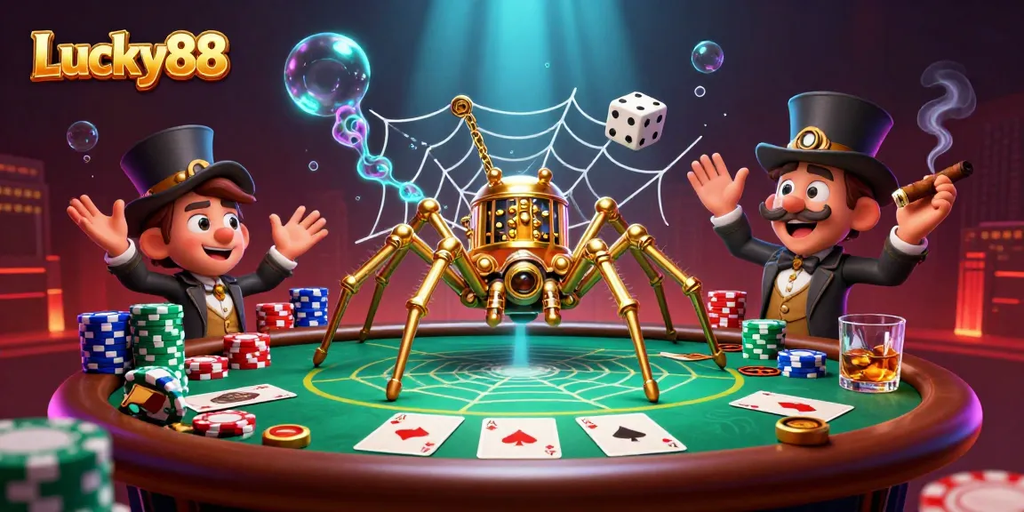 Engage with Lucky88's thrilling poker narrative featuring an amusing golden spider and poker elements.