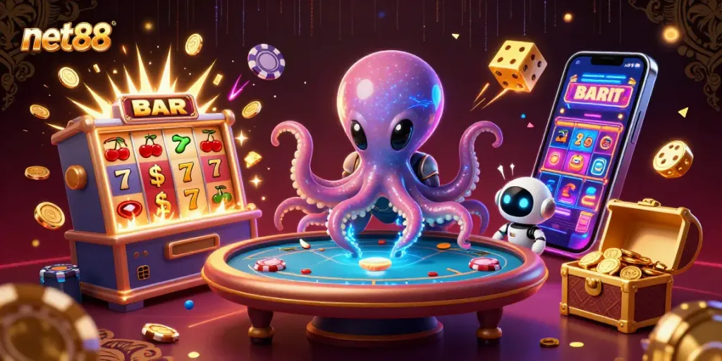 Experience thrilling gaming action with net88 at a vibrant 3D casino scene