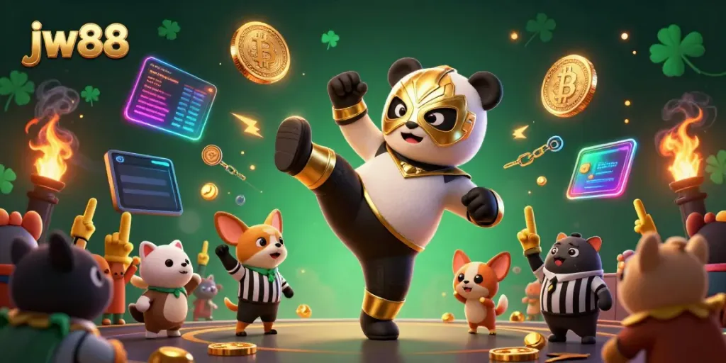Experience the excitement of jw88 with a 3D rendering of a panda wrestler, crowd, and crypto elements.