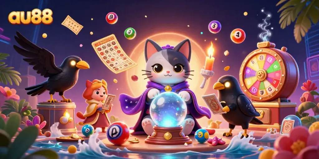 Engage in thrilling activities with au88's vibrant lottery scene featuring a fortune teller cat.