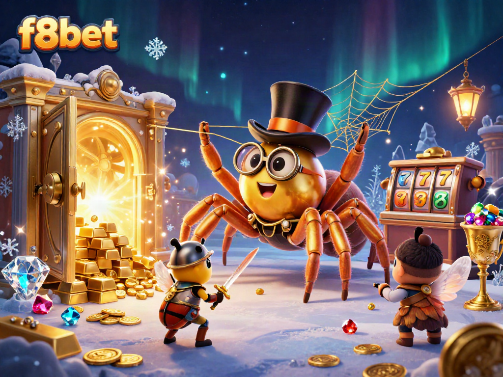 Join the f8bet adventure with a giant golden tarantula and brave beetle knight in a lively casino scene.