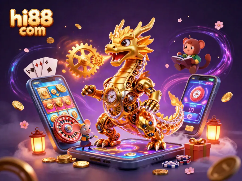 Engage with hi88 com's vibrant casino gaming world featuring a golden dragon, slots, and dynamic games.