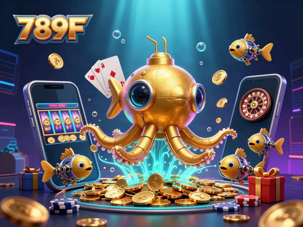 Engage with 789F in a vibrant world of online casino games featuring a kraken submarine and golden coins.