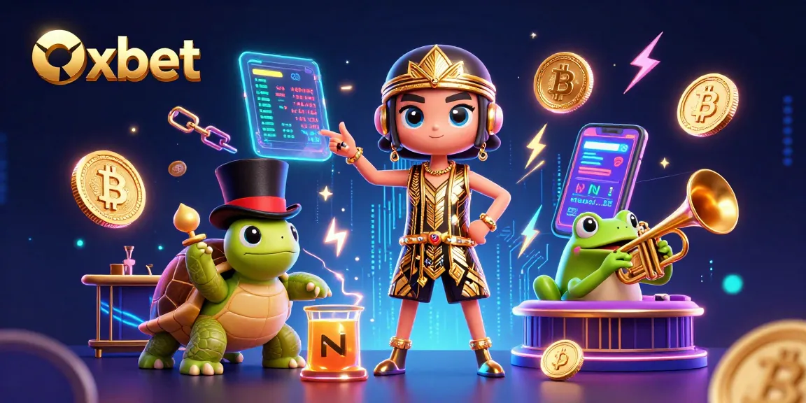 Engage with Oxbet as a fun 3D illustration showcases gaming with crypto elements and lively characters.