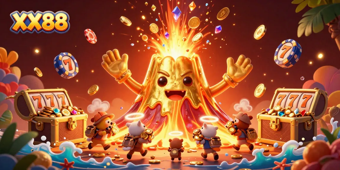Engage with the exciting gameplay at XX88, featuring treasures erupting from a cartoon volcano.