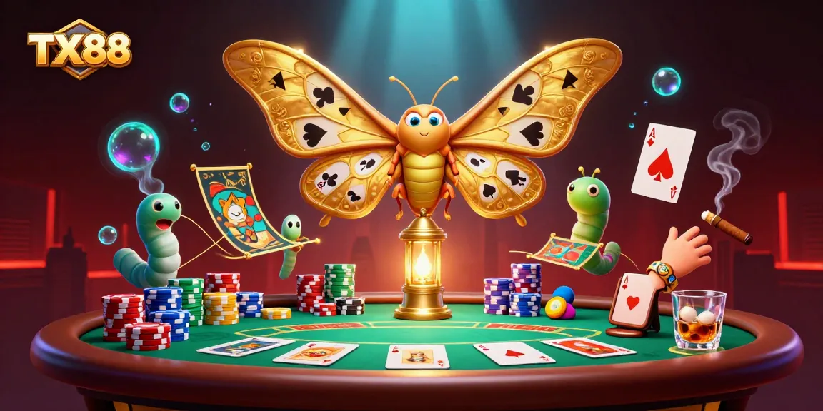 Engage in thrilling games with TX88 as the vibrant moth illuminates high-stakes casino scenes.