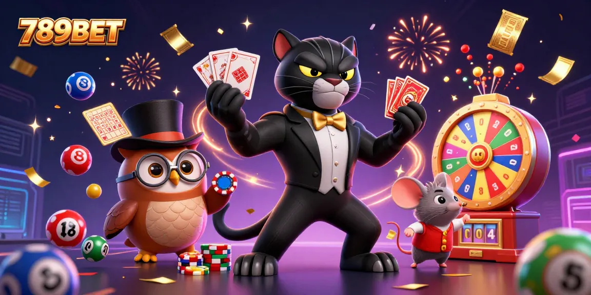 Experience thrilling wins at 789BET with a lively, colorful casino scene illustrated in 3D style.