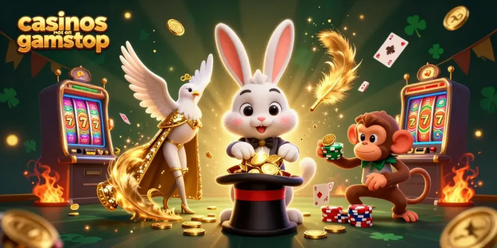 Experience the thrill of casinos not on gamstop with a playful magician and vibrant scenes.