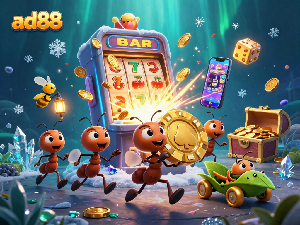 ad88 ants heisting a giant poker chip in a vibrant 3D casino scene