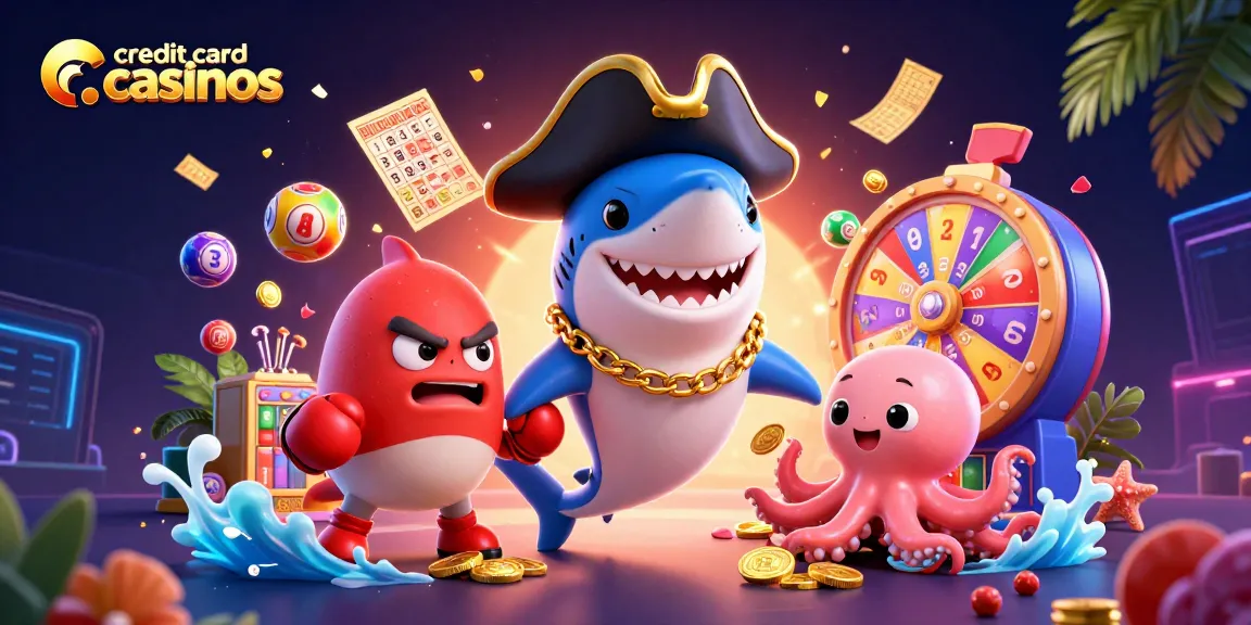 Experience the excitement of credit card casinos with dynamic cartoon characters and thrilling casino elements.