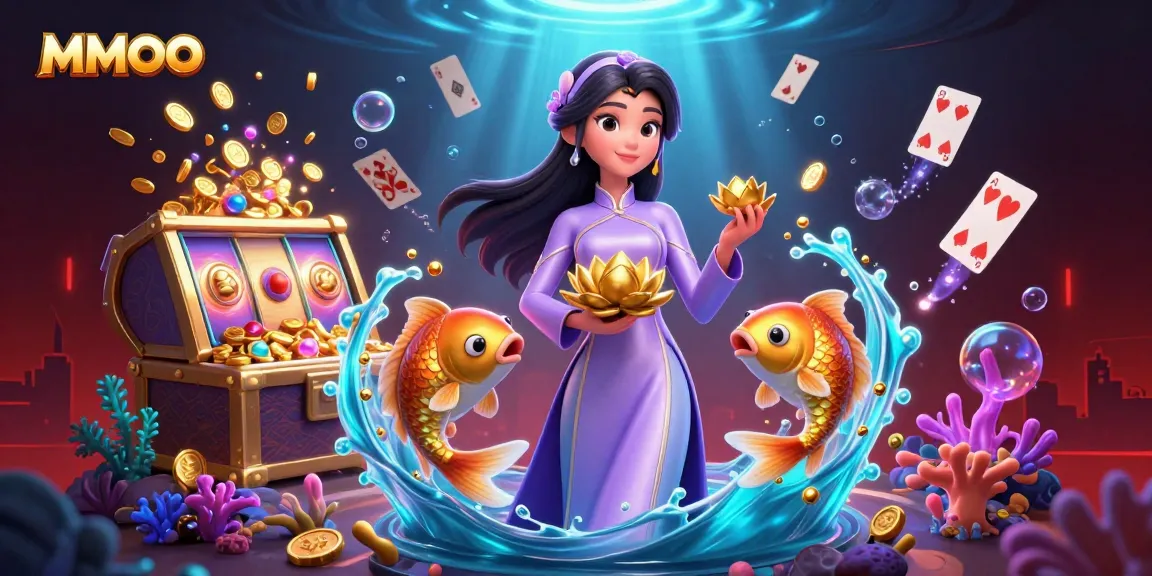 Engage in MMOO’s thrilling games with the vibrant casino world illustrated through an elegant woman and golden koi fish.