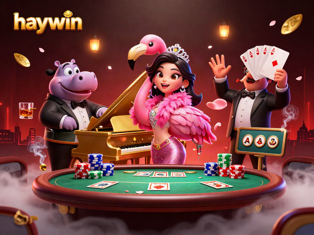 Experience the vibrant atmosphere of haywin casino with a flamingo singer and hippo bassist in 3D illustration.