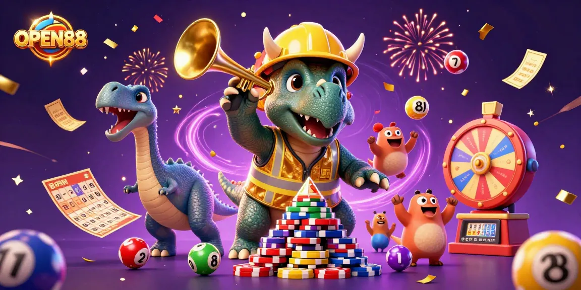 Engage with OPEN88's vibrant gaming universe, showcasing a lively casino scene with joyful characters.