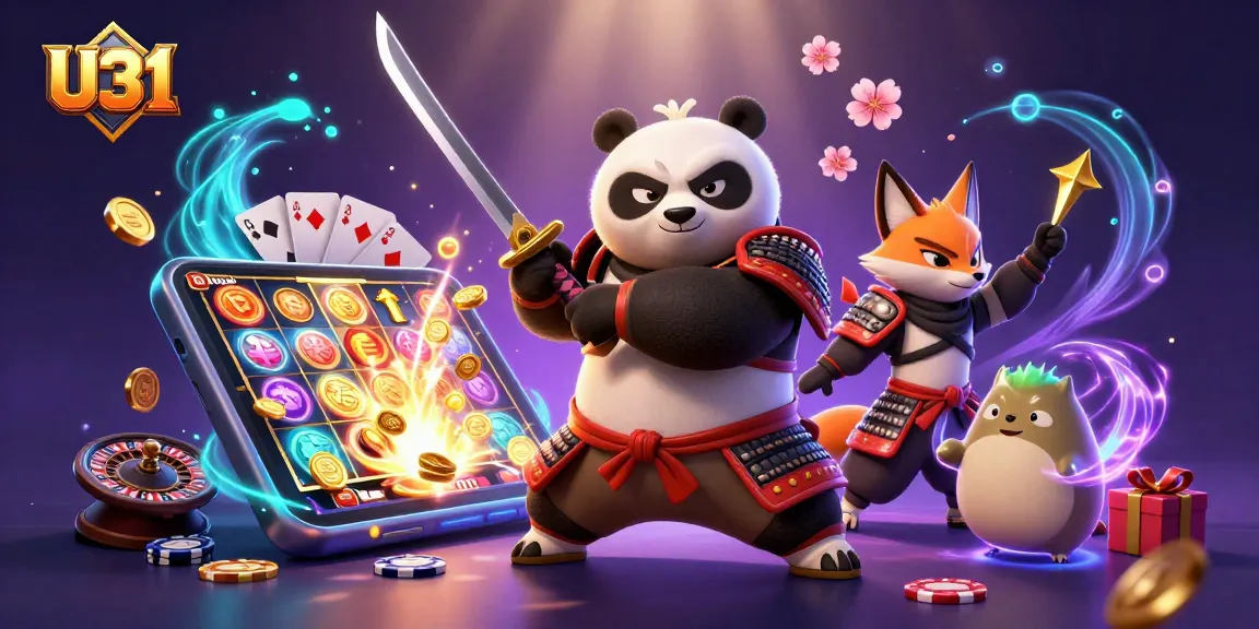 Experience the thrill of U31 with a dynamic scene featuring a samurai panda, ninja fox, and magical tanuki amidst casino games and vibrant graphics.