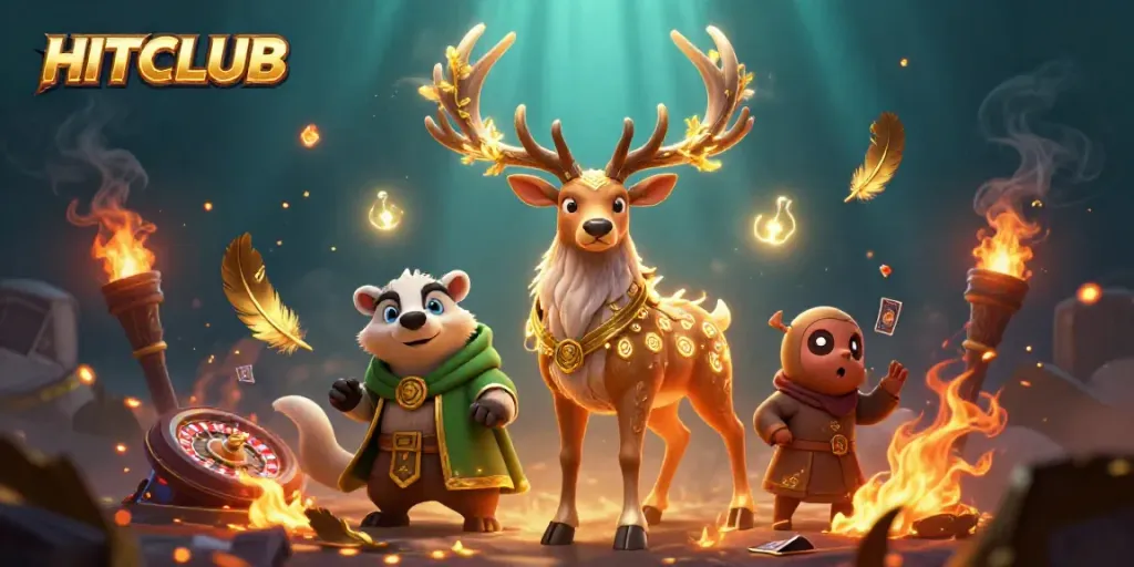 Engaging HITCLUB illustration showcasing a Celtic druid stag and wise badger in a live casino gaming scene.