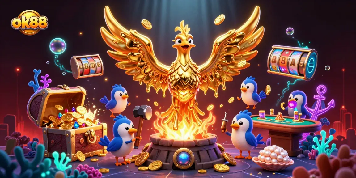 Experience the thrill of ok88 with a golden phoenix amidst casino excitement.