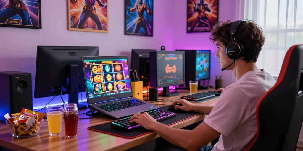 rokok88 slot gaming setup with vibrant graphics and cozy atmosphere