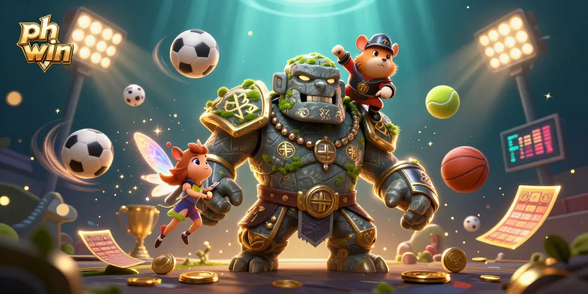 Engage in exciting activities with ph win, illustrated featuring a stone golem, a fairy, and a hamster knight amid sports betting elements.