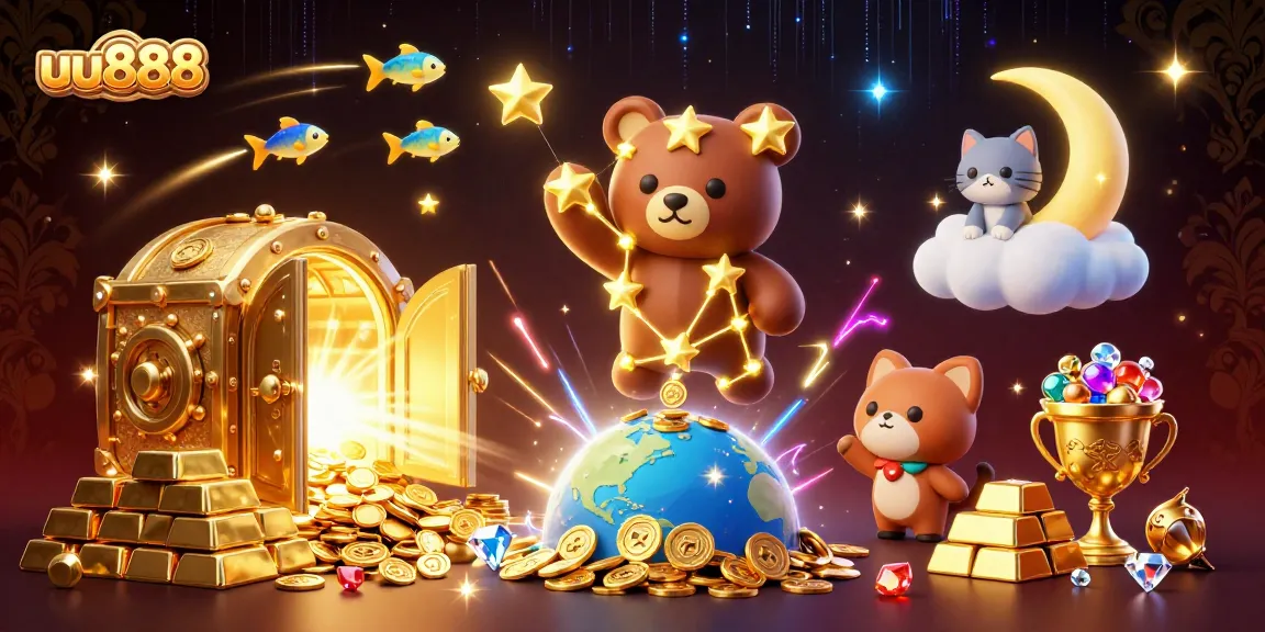 uu888's dynamic casino scene with a golden constellation bear, treasure vault, and captivating cosmic elements.