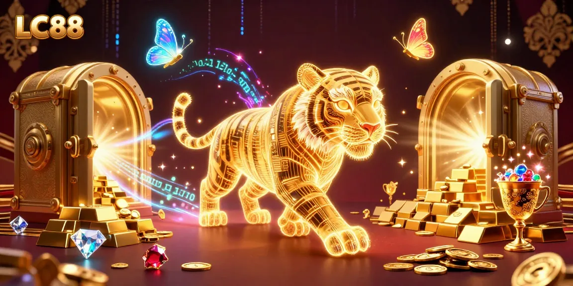 Experience the excitement with LC88’s immersive digital casino with a glowing tiger and treasures.