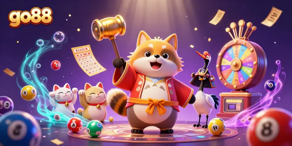 Engage with go88's vibrant online gaming experience featuring a cheerful tanuki and dynamic game elements.
