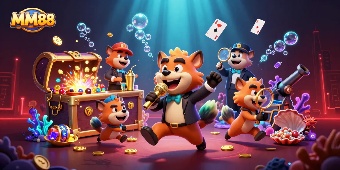 MM88's vibrant casino scene showcases animated hyenas embracing gambling joy with exciting slots.