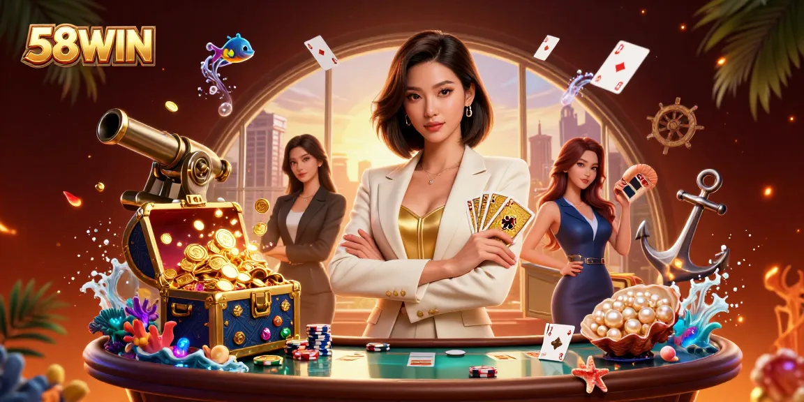 Experience thrilling wins at 58WIN with an elegant dealer in a vibrant casino scene.