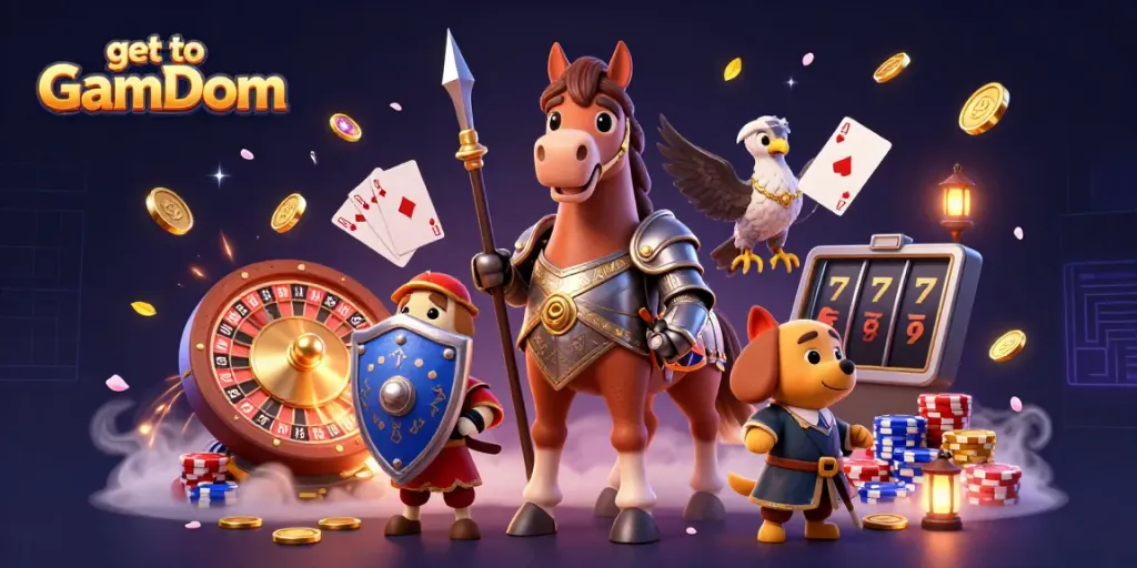 Win big and get to GamDom with an exciting casino-themed 3D illustration showcasing vibrant gaming elements.