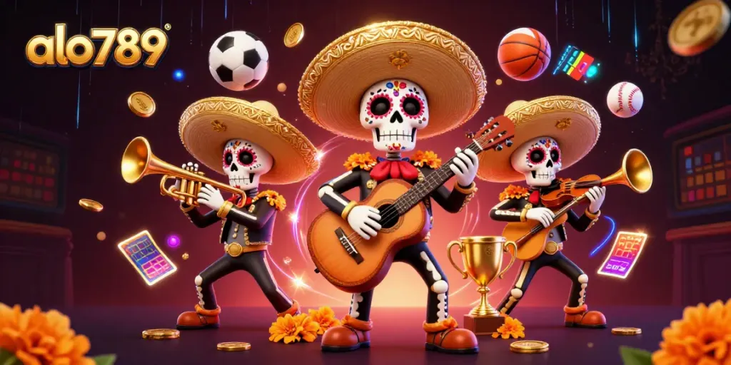 Play with the best at ALO789, featuring colorful mariachi band amidst vibrant casino games and sports.