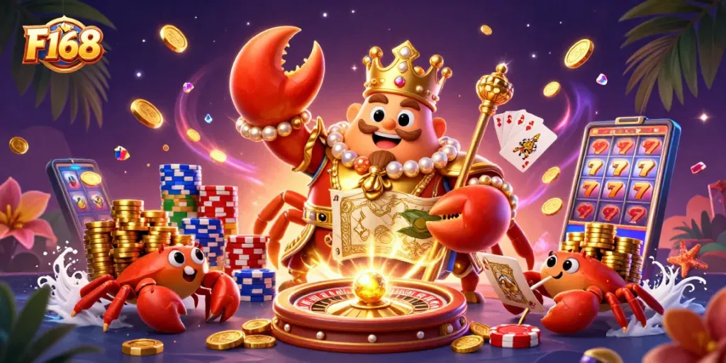 Join the F168 casino fantasy with a golden crab emperor surrounded by winning elements.