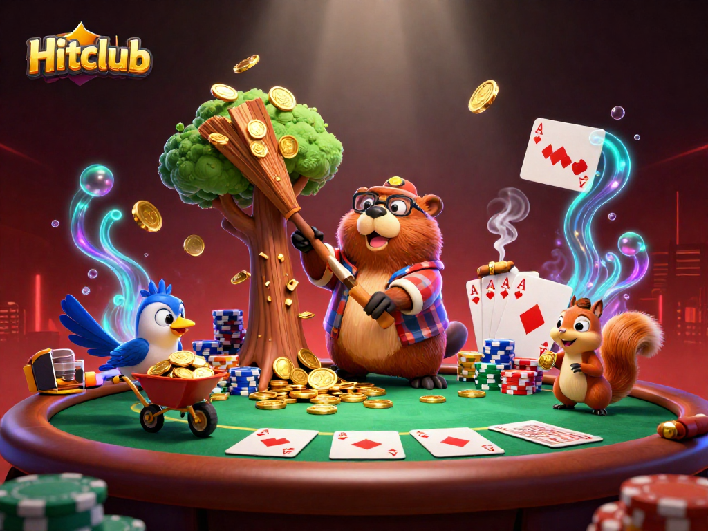 Hitclub shows a vibrant casino scene with our lumberjack beaver character amid poker elements.