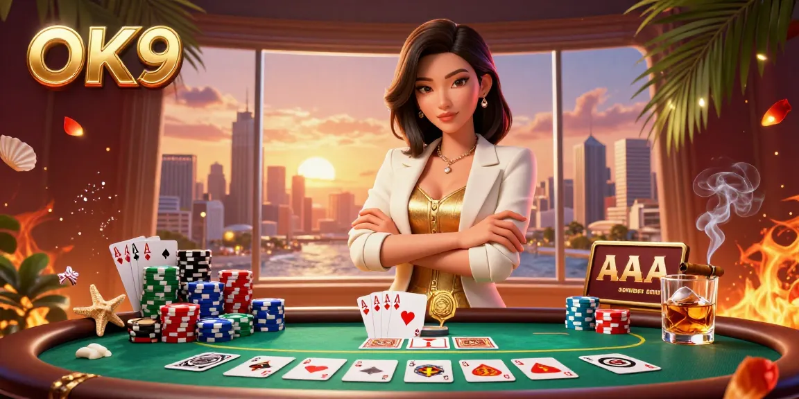 Experience captivating poker action with OK9 in a vibrant casino scene packed with dynamic elements.
