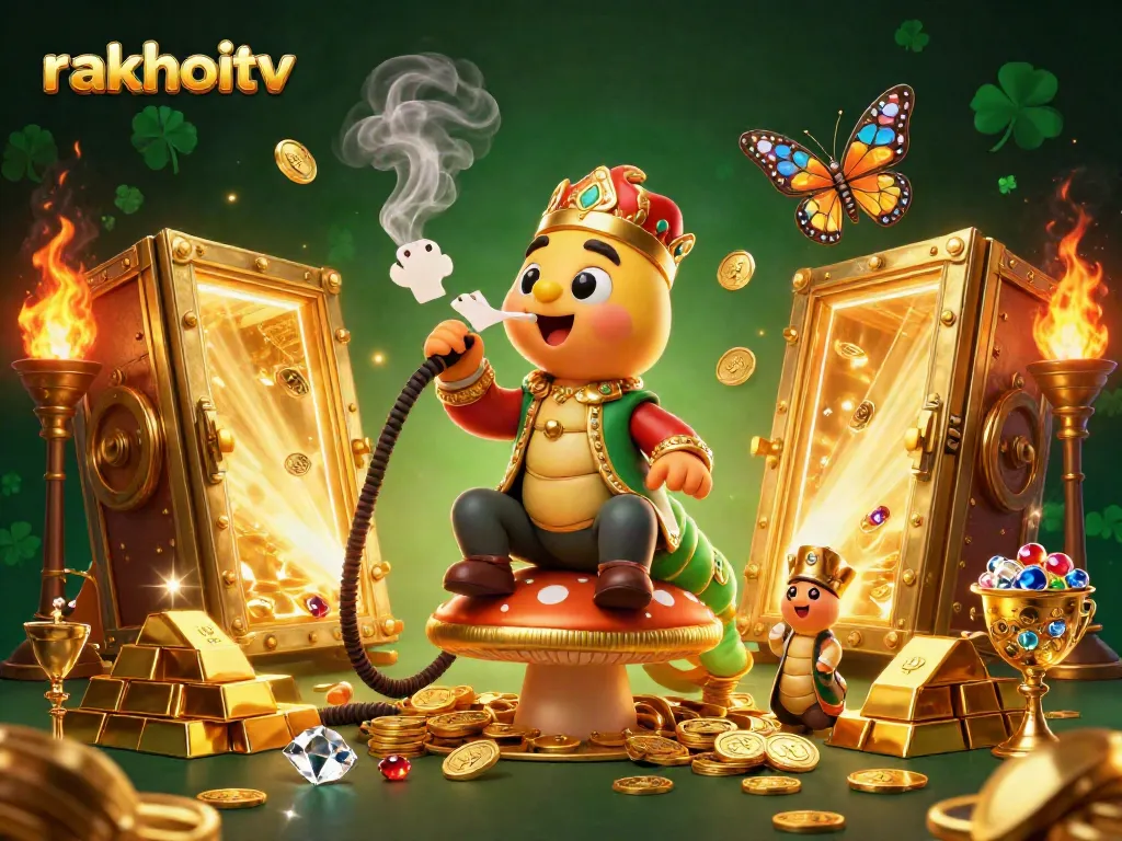Engage with rakhoitv featuring a vibrant scene with golden treasures and a whimsical caterpillar in a sultan outfit.