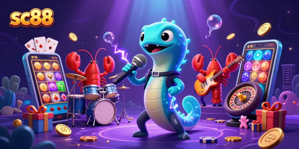 Engage with sc88 in a vibrant, underwater casino scene featuring colorful slot games and energetic performers.