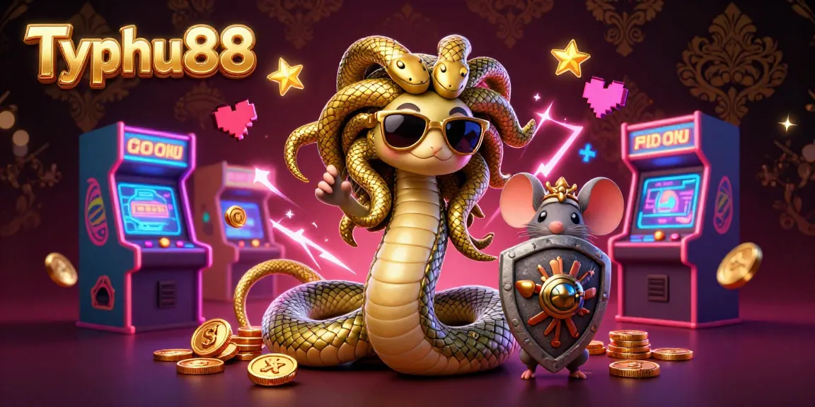 Immerse in the vibrant casino world of Typhu88, featuring Medusa and a warrior mouse amidst arcade games.