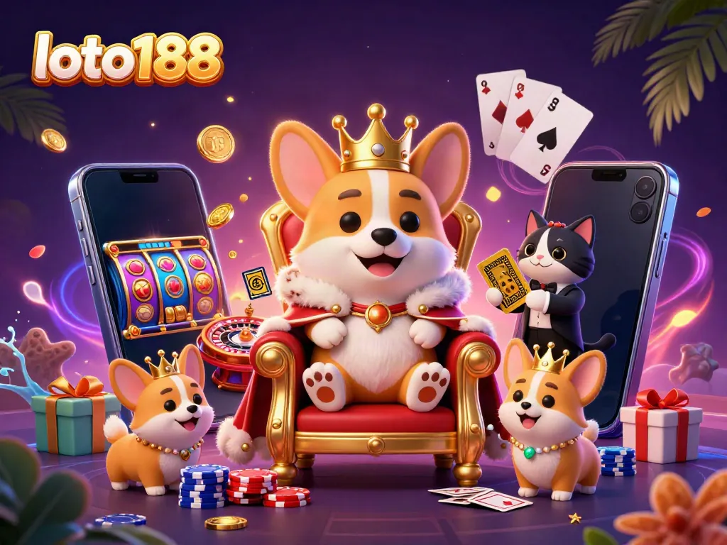 Engage with loto188's vibrant 3D casino scene featuring a royal corgi and gaming elements.