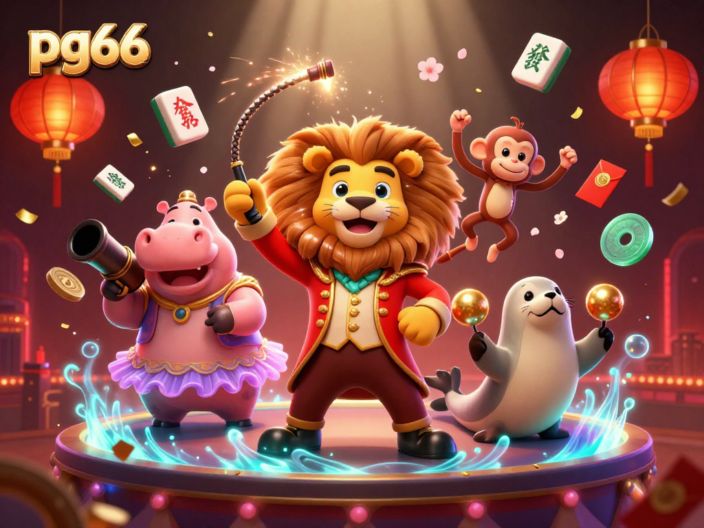 Experience the dynamic world of pg66 with cartoon characters in a festive casino scene.