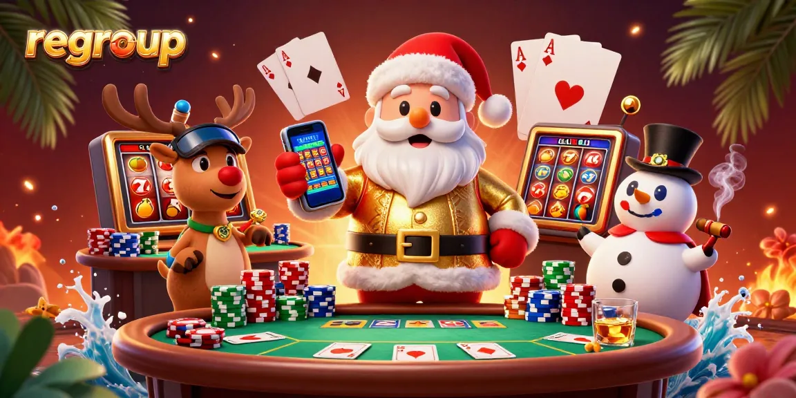 Experience jackpot excitement with regroup's vibrant casino scene featuring Santa and friends.