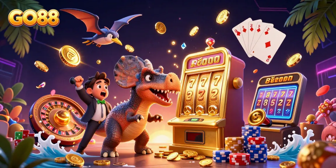 GO88 engages players with a dynamic 3D illustration featuring a dinosaur and jackpot action