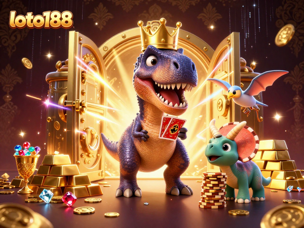 Engage with loto188 by watching a T-Rex deal cards in a vibrant casino scene.