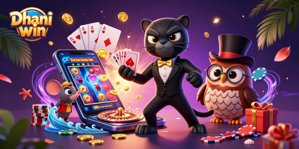 Experience thrilling gameplay on Dhani win with cartoon characters engaging in exciting card games.