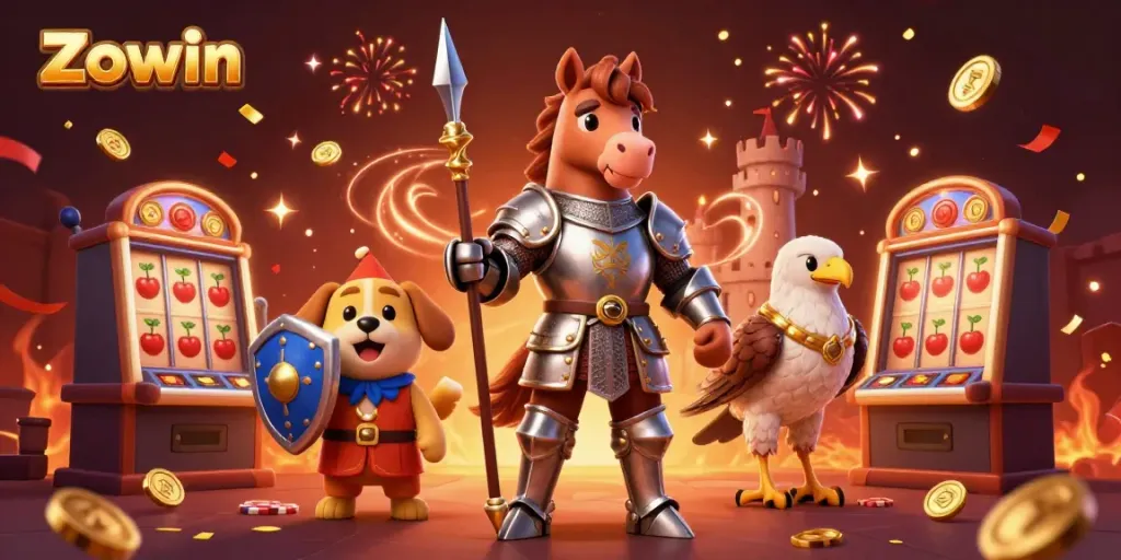 Zowin brings excitement with a knight, squire puppy, and falcon amidst casino elements and dynamic visuals