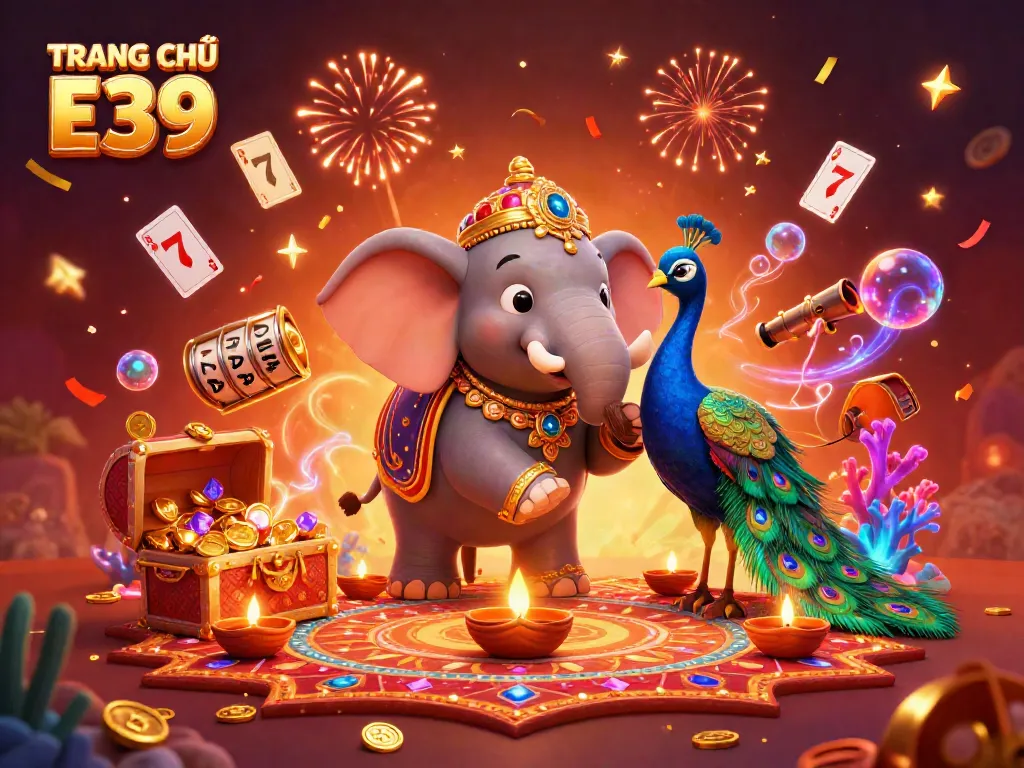 Experience the vibrant TRANG CHỦ E39 atmosphere with a festive gambling scene featuring a Diwali-themed elephant and peacock.