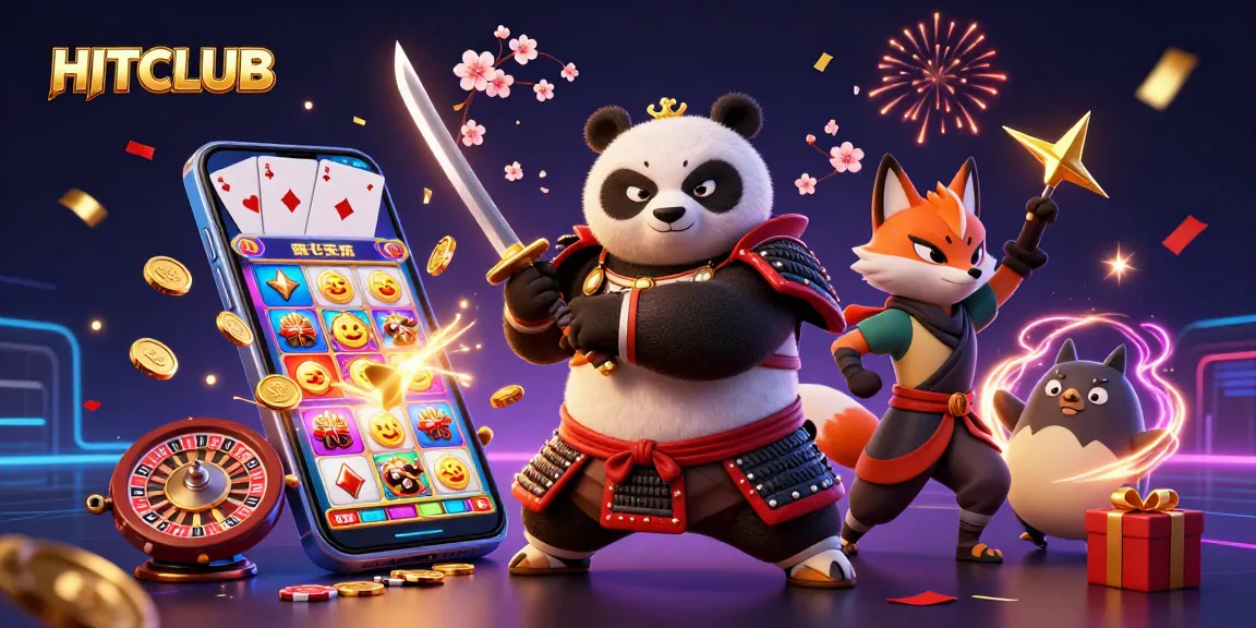 Engage with HITCLUB's thrilling experience featuring a samurai panda and ninja fox amidst vibrant casino elements.